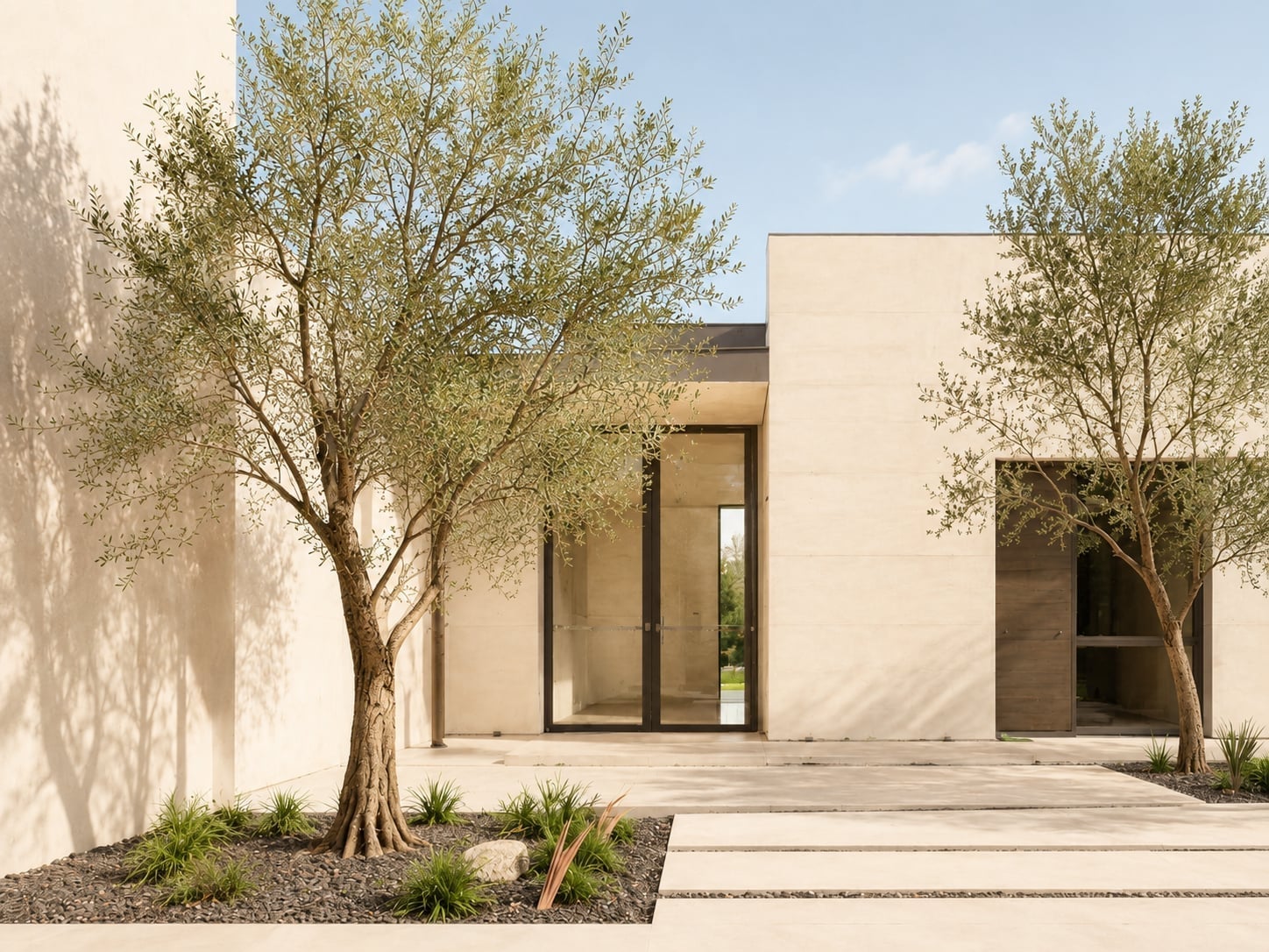 Modern luxury home exterior with integrated landscape lighting